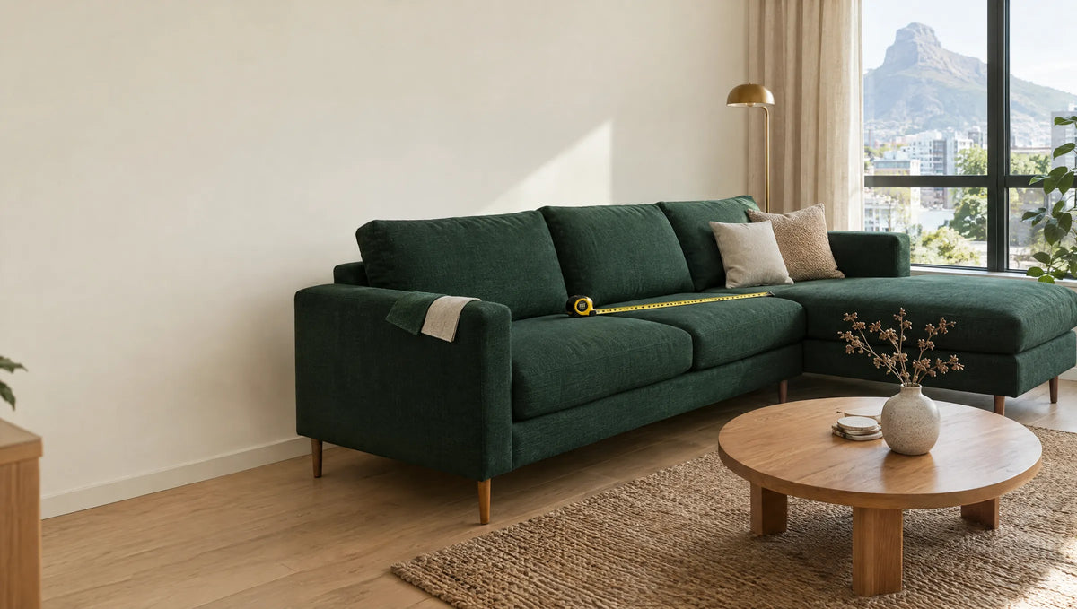 Forest green L-shape sofa built to the wall, with a tape measure across the seat